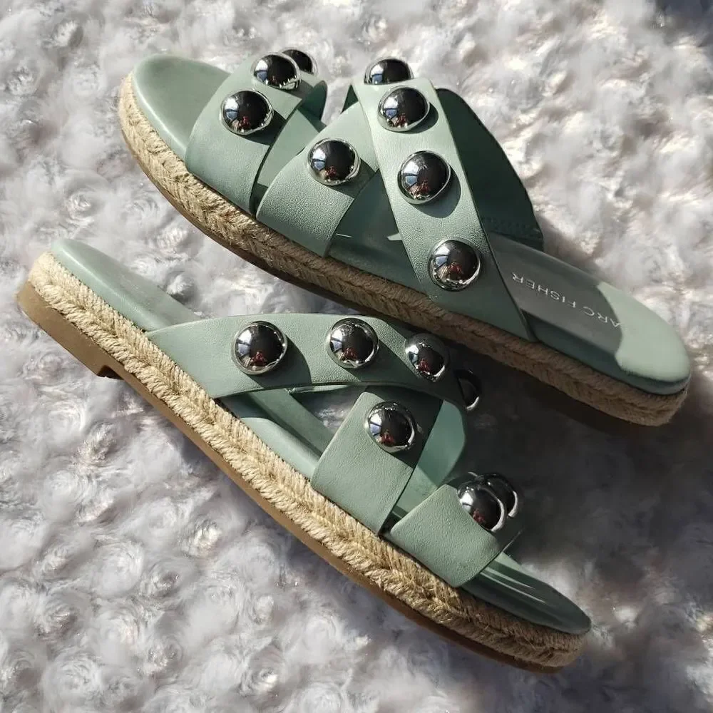 Marc Fisher Women Sandal Prisca Slip On Studded Espadrille Blue Size 6